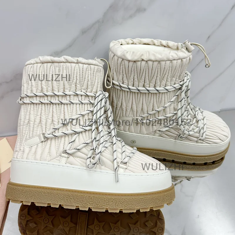 White Wrinkled Leather Fine Grain Boots Calf Women Platform Thick Sole Gray Lace Up Snow Boots Girls Winter Round Toe Plush Shoe