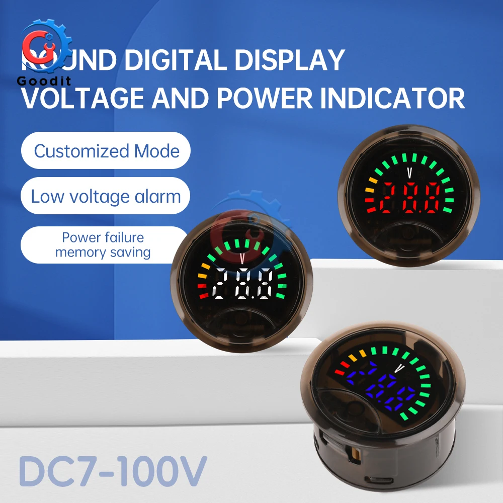 3318 DC7-100V Mini Round Voltmeter High Precision 2-Wire Circular Digital Power Indicator Monitor Voltage Tester for Car Boat