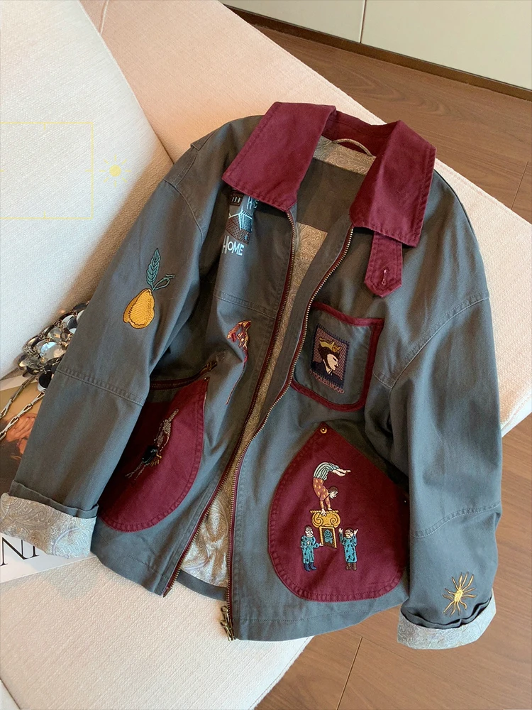 

Ele Retro Contrast Color Cartoon Embroidery Stand Collar Jaet Women's Faionable Unique Spring Autumn Top