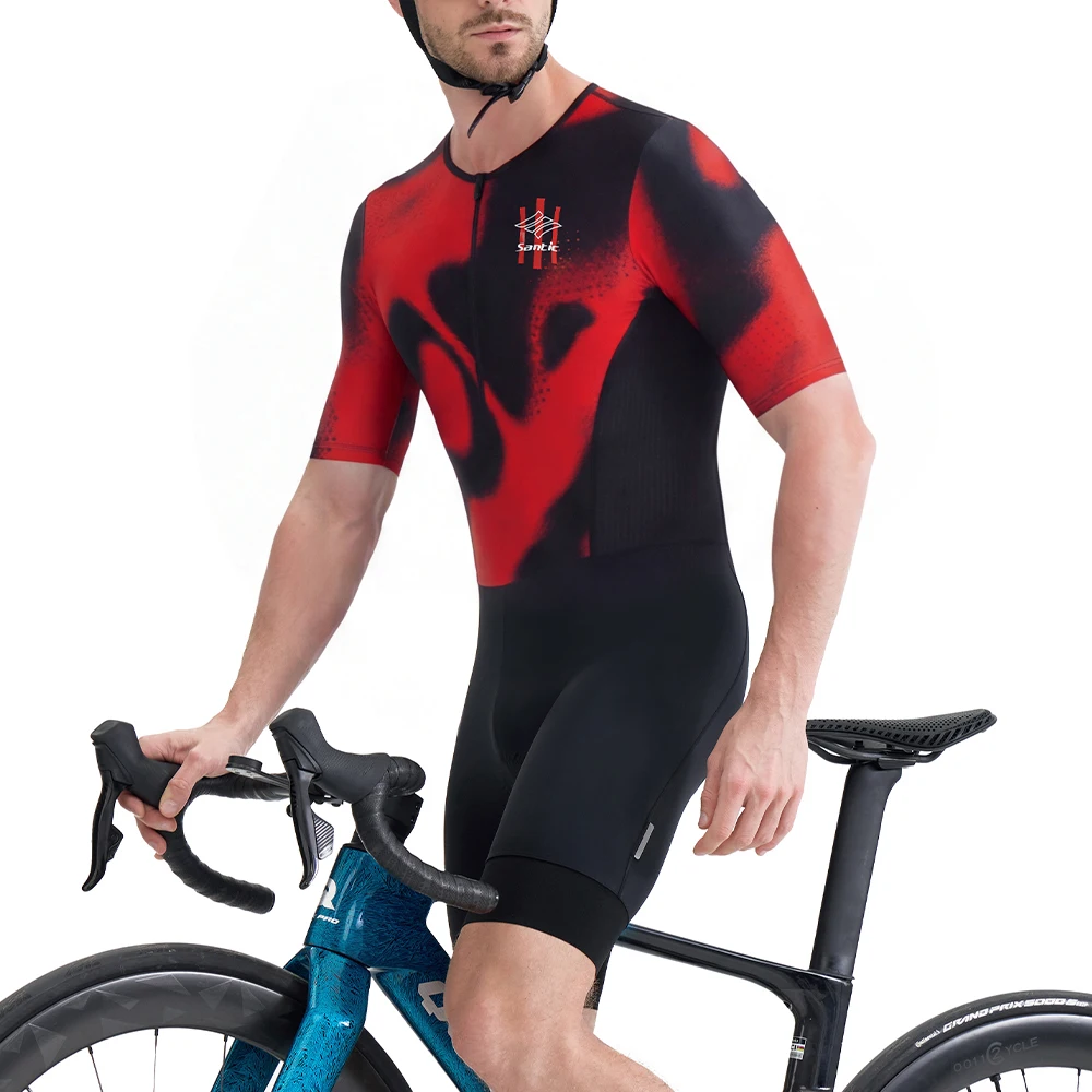 

Santic Men Triathlon Skinsuit Breathable Elastic Short Sleeve Cycling Jumpsuit High Density 80KG Cushion Pad KM26C03030R