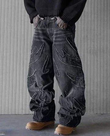 Harajuku Gothic Baggy Jeans for Men Y2k Hip Hop Distressed Retro Black Pants  Oversized Embroidery Wide Leg Trousers Streetwear