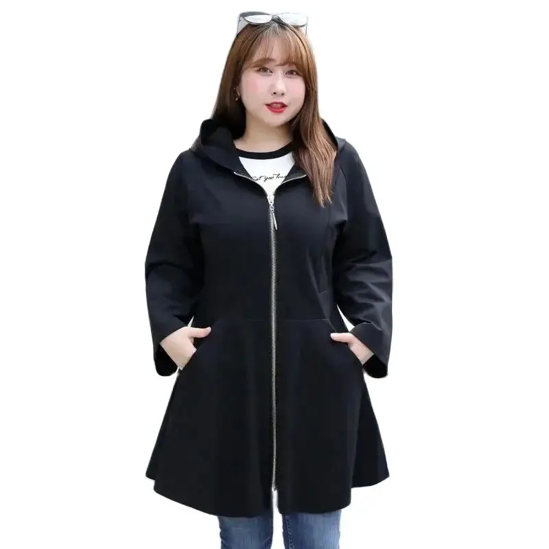 

Plus size 4xl-9xl Hooded Windbreaker Women's Zipper-up Trench Coat Spring Autumn Large Size Long Outerwear Casual Tops No-lining