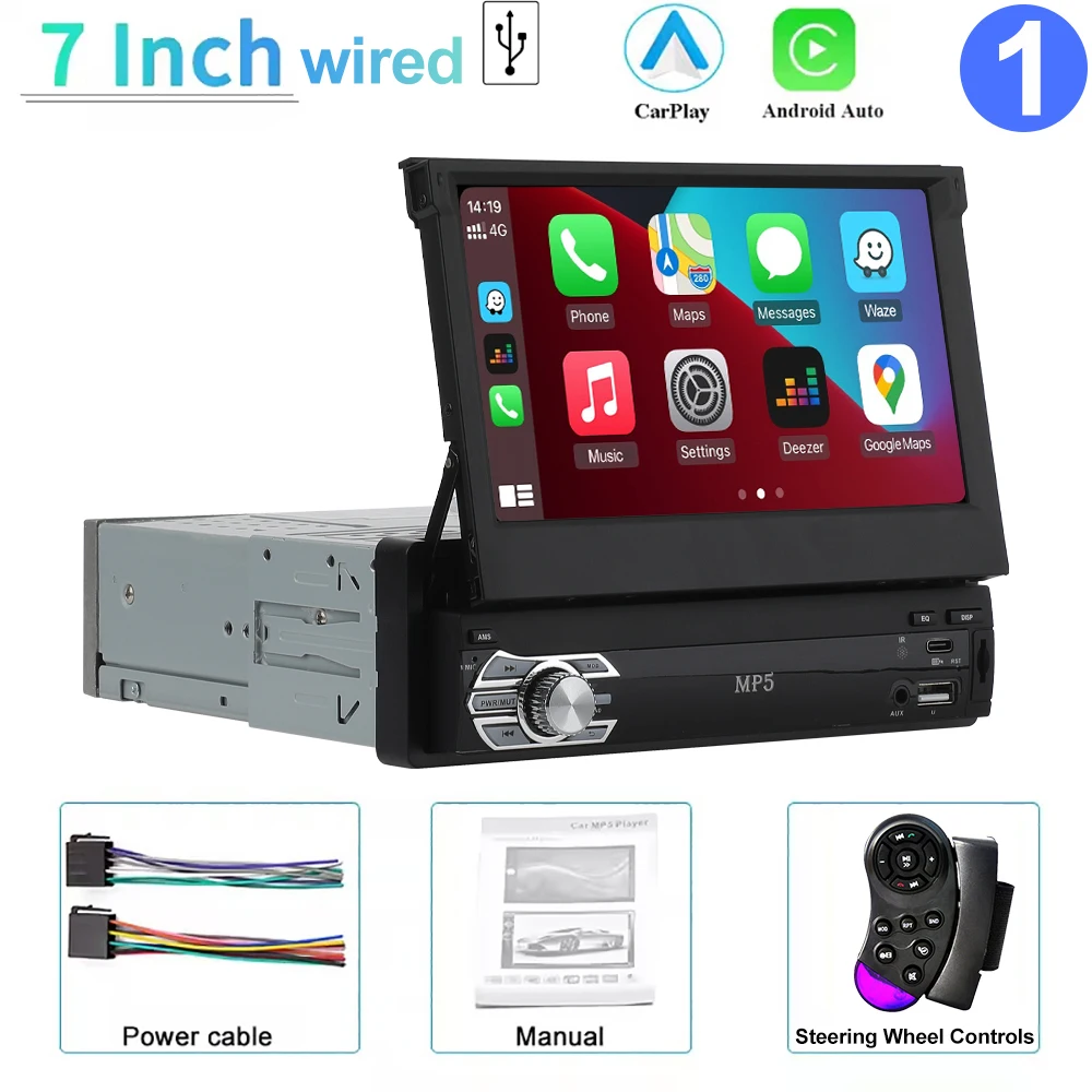 Universele 1 Din MP5-speler 7 inch Carplay Android Auto Handleiding Automatisch intrekbaar touchscreen Autospeler FM-radio Spiegellink