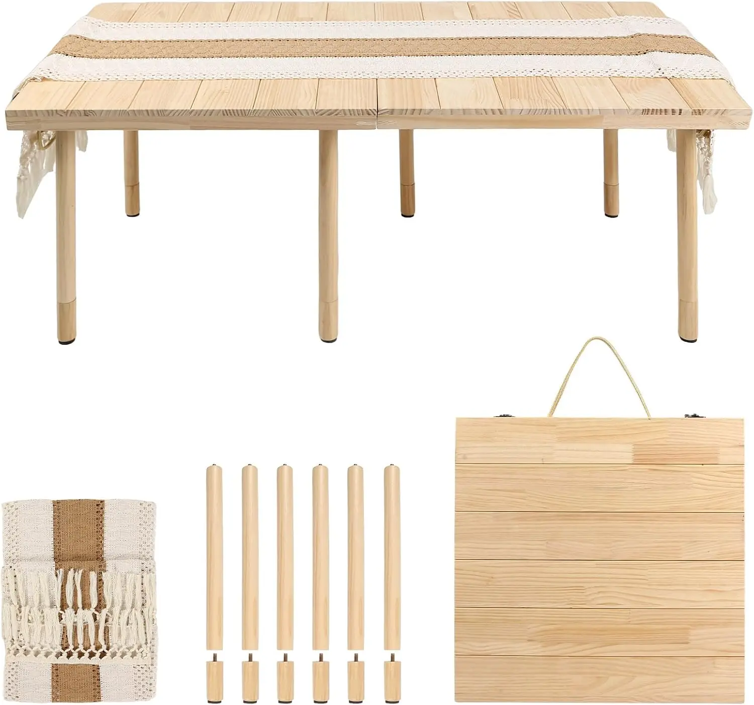Boho Low Picnic Table Foldable Solid Wood Floor Sitting Dining Table with Adjustable Legs Tablecloth and Carry Handle Portable Beach Camping Table for Outdoor BBQ Party Wedding Gatherings, Natural