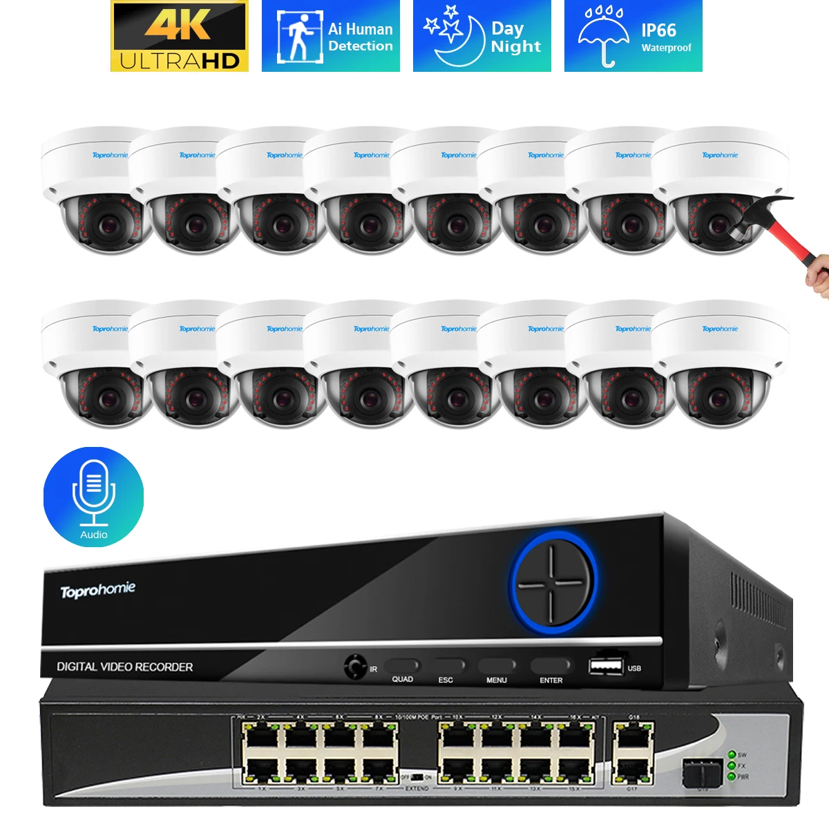 H.265 16CH 4K NVR Kit 8MP 5MP Ai Indoor Vandal-Proof Dome Security Camera System Audio POE IP Camera Video Surveillance Set