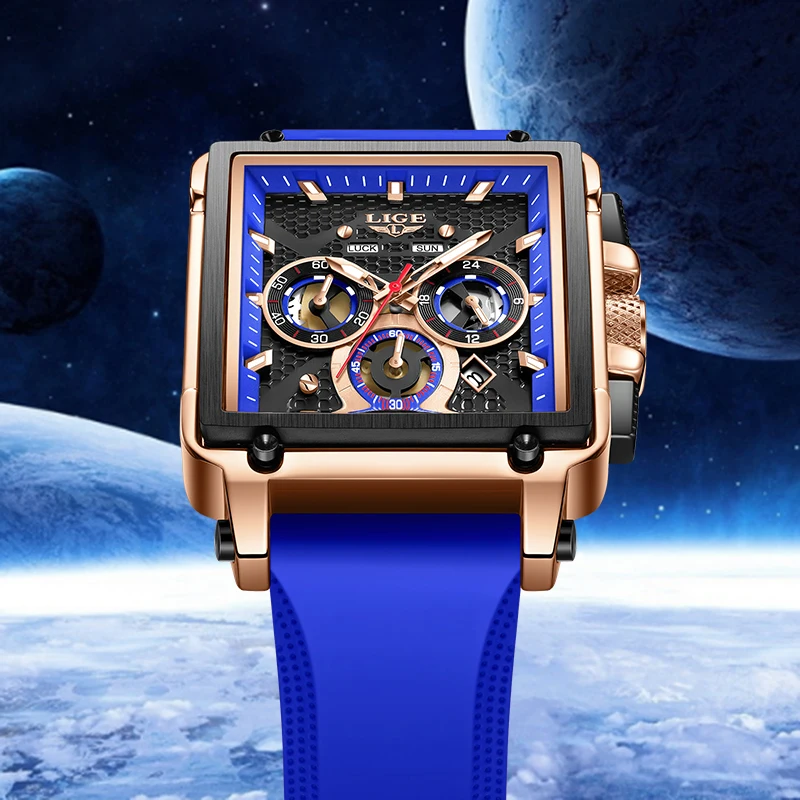 

LIGE квадратный циферблат уличные кварцевые часы для мужчин повседневные спортивные модные силиконовые автоматические часы с датой недели полый дизайн мужские часы хронограф