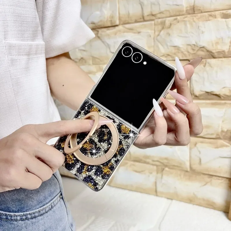 Electroplated Foldable Leopard Bling Crystal Rhinestone 360° Rotating Magnetic Ring Stand Case for Samsung Z Flip 8/7 FE/6/5/4