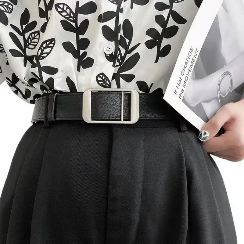 Женский ремень, летние брюки с украшением, рубашки, джинсы, простой и универсальный, студенческий черный неперфорированный ремень
