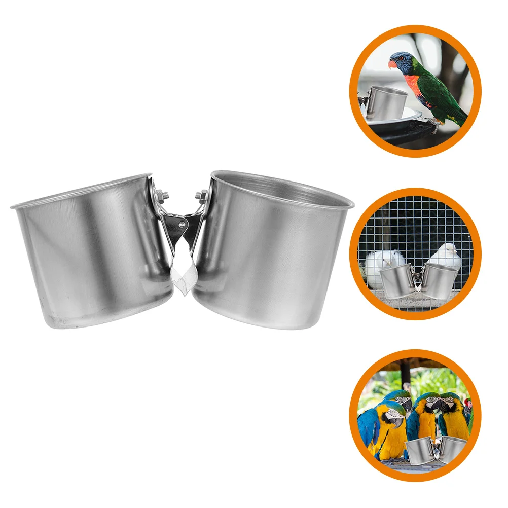 2 Pcs Stainless Steel Feeder Indoor Bird Feeding Cup Cage Accessories Water Dispenser Food Bowls for Travel Glasses