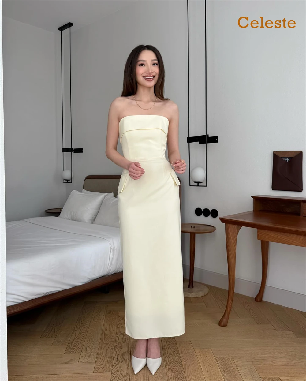 Customized Fashion Yellow Jersey Evening Dress Exquisite Strapless Sleeveless Homecoming Dresses Modern Vestido De Festa