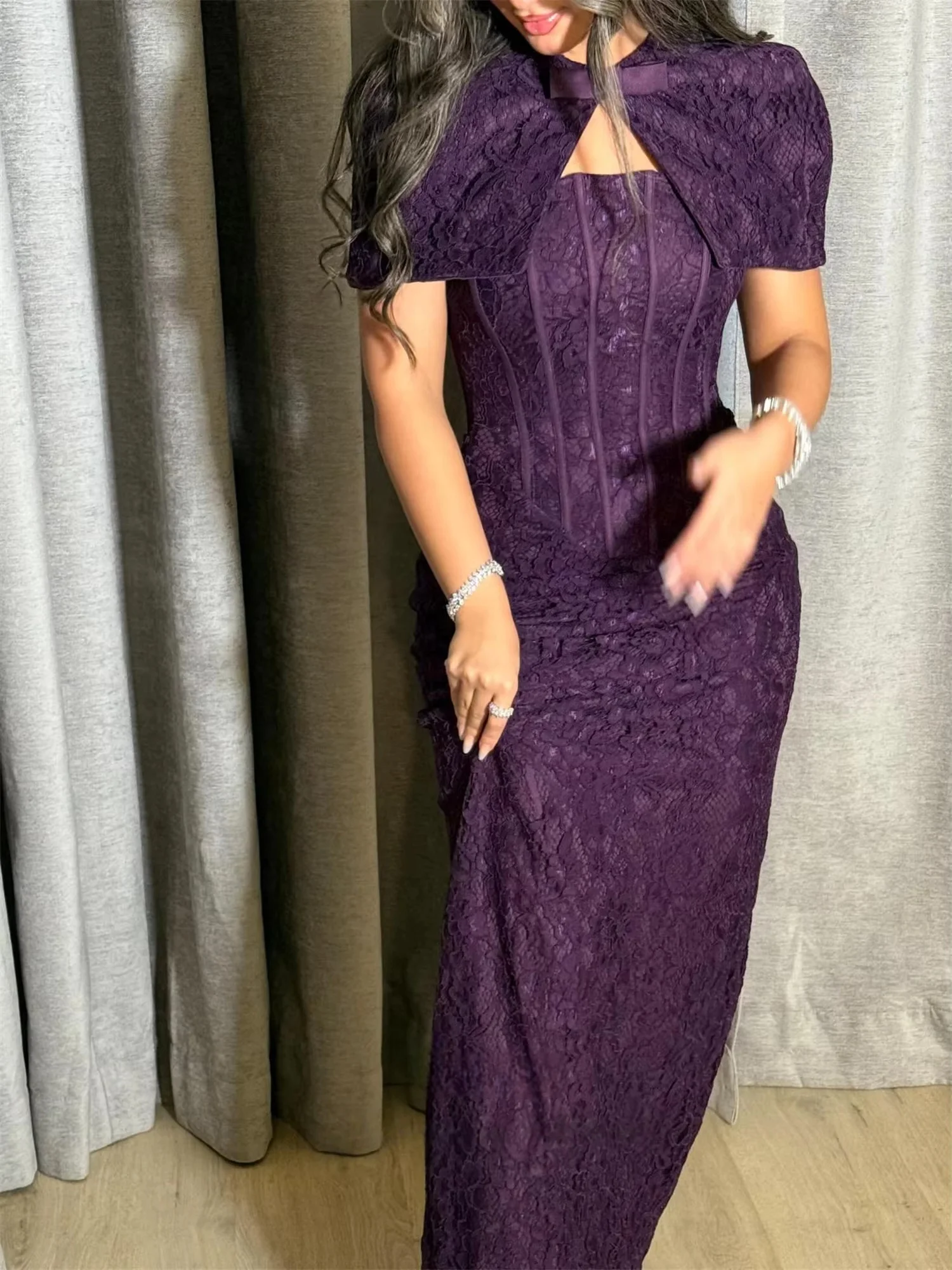 

Purple Lace Strapless Long Bespoke Occasion Gown Evening Dresses Prom Pastrol Unisex Jersey Retro Dubai Saudi Arabic Customized