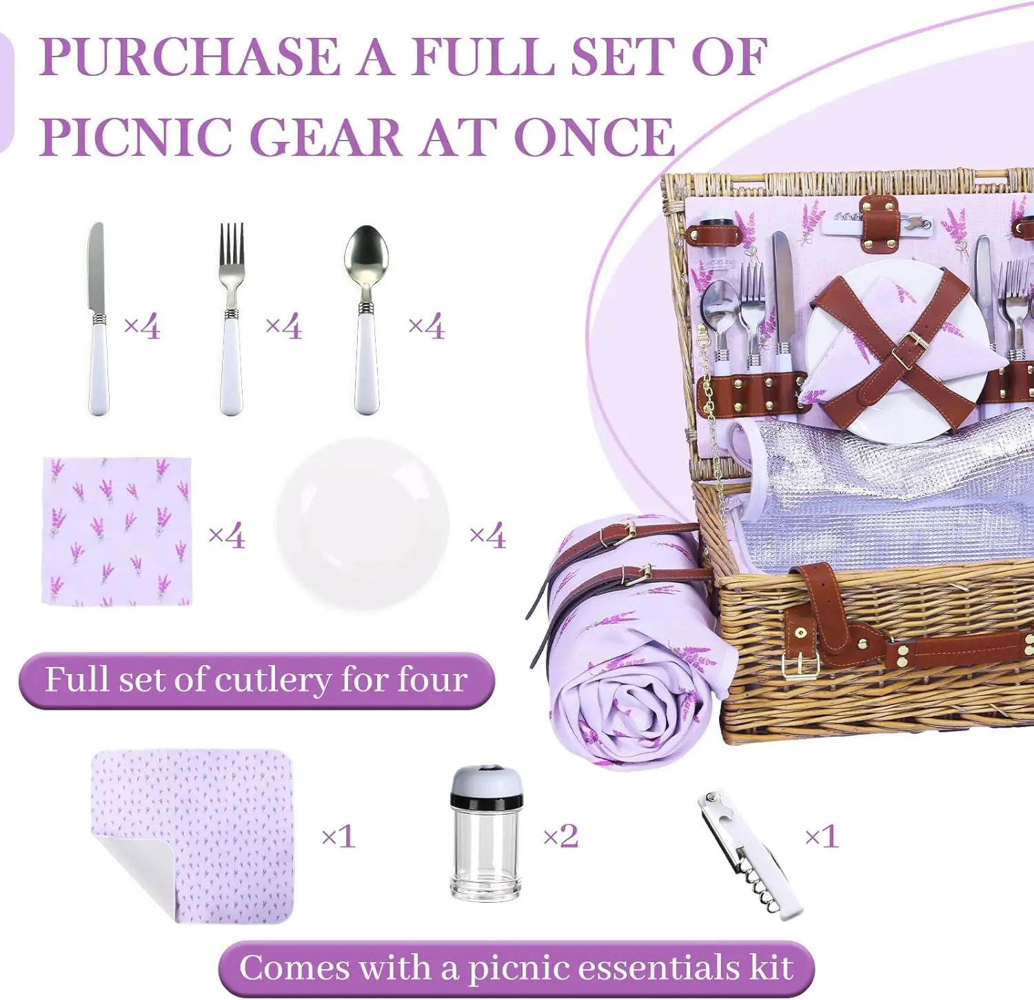 سلة نزهة من الخيزران تتسع لـ 4 مع مبرد معزول وبطانية مقاومة للماء - سلة نزهة صفصاف كبيرة للأماكن الخارجية والتخييم