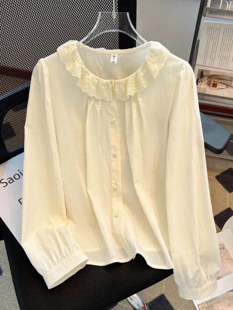 

Женский свободный возрастной топ с кружевной отделкой и кукольным воротником, ранняя осень, корейский свободный топ на пуговицах, длинный цвет све