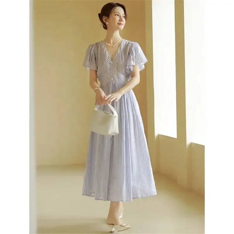 Korejepo Elegant Blue Stripe Dresses Women French Kikyu Vintage Style Tea Break Gentle Summer New 2024 Temperament Vestido