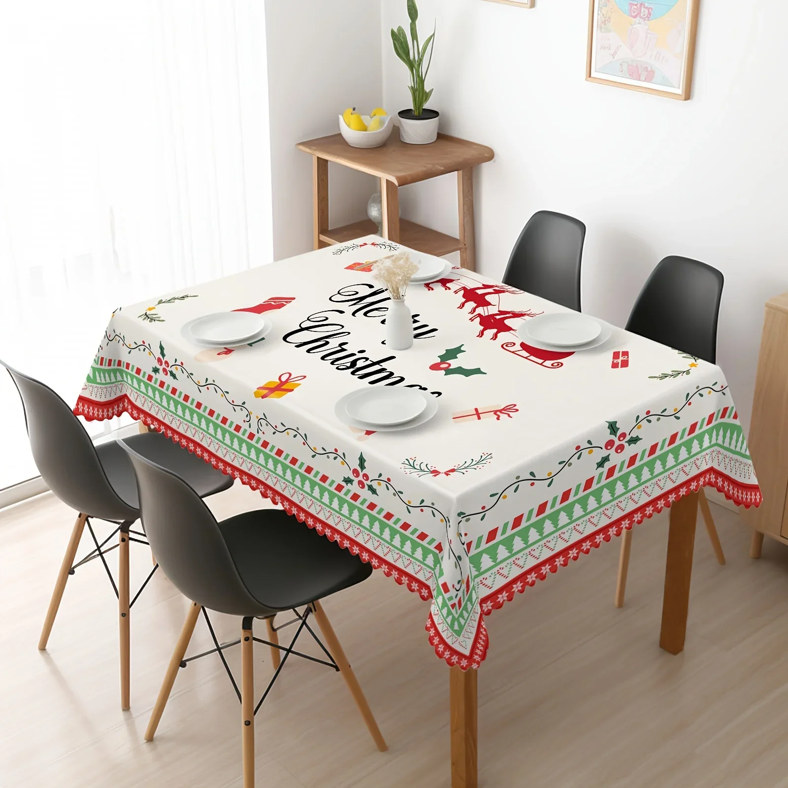 Christmas Theme Pine Cone Snowflake Santa Claus Pattern Rectangle Tablecloth Dining Room Decor Waterproof Christmas Decorations