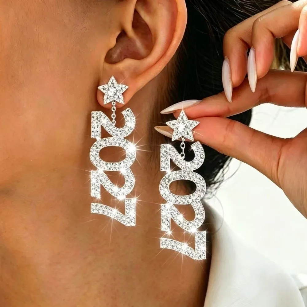 Trendy Elegant 2027 Digital Earrings Rhinestone Long Drop New Year Earrings Shiny Fashion Long Drop Earring Christmas