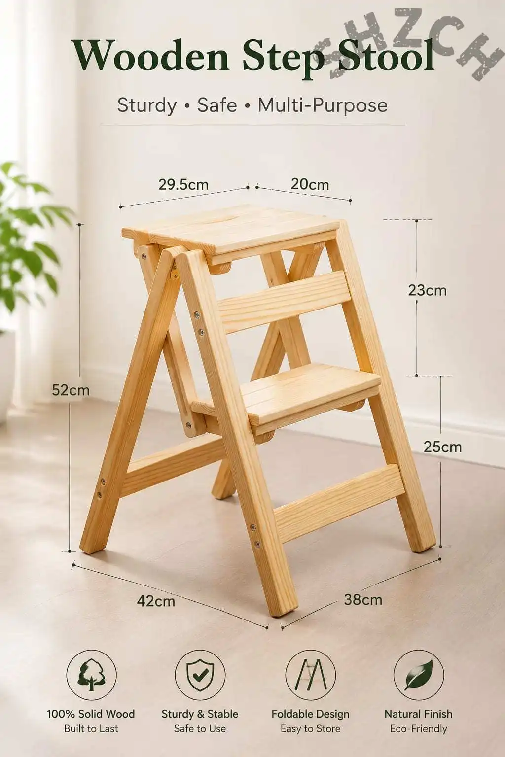 Solid Wood Folding Step Stool – Portable, Space-Saving Indoor Ladder for Kitchen & Bathroom Use