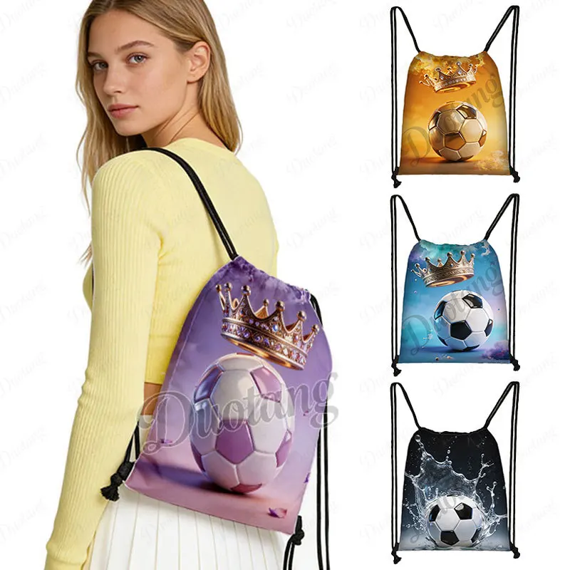 Cool Football Soccer with Crown Graphic Print Backpack for Travel Dark Football Sport Drawstring Bag Large Capacity Shoe Holder