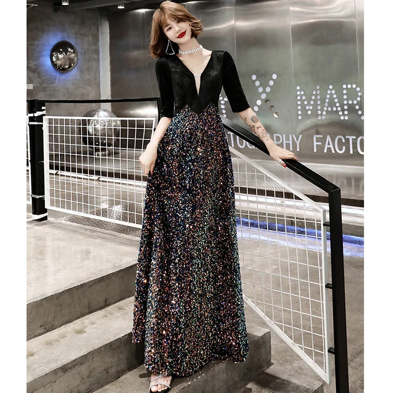 Vestido de noite de meia manga feminino, veludo preto, lantejoulas, patchwork, decote em v, zíper, vestido formal, vestido de festa, tamanho positivo, K324