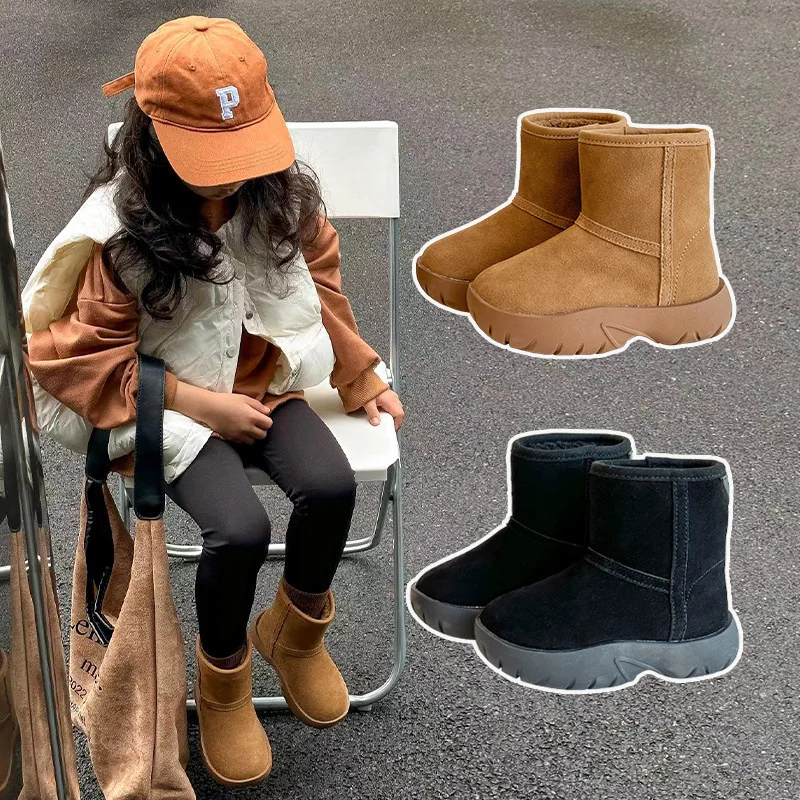 

2025 Autumn Winter New Classic Luxury Children Warm Short Boots Round Toes Soild Color Girls Leather Boots Korean Style Boots