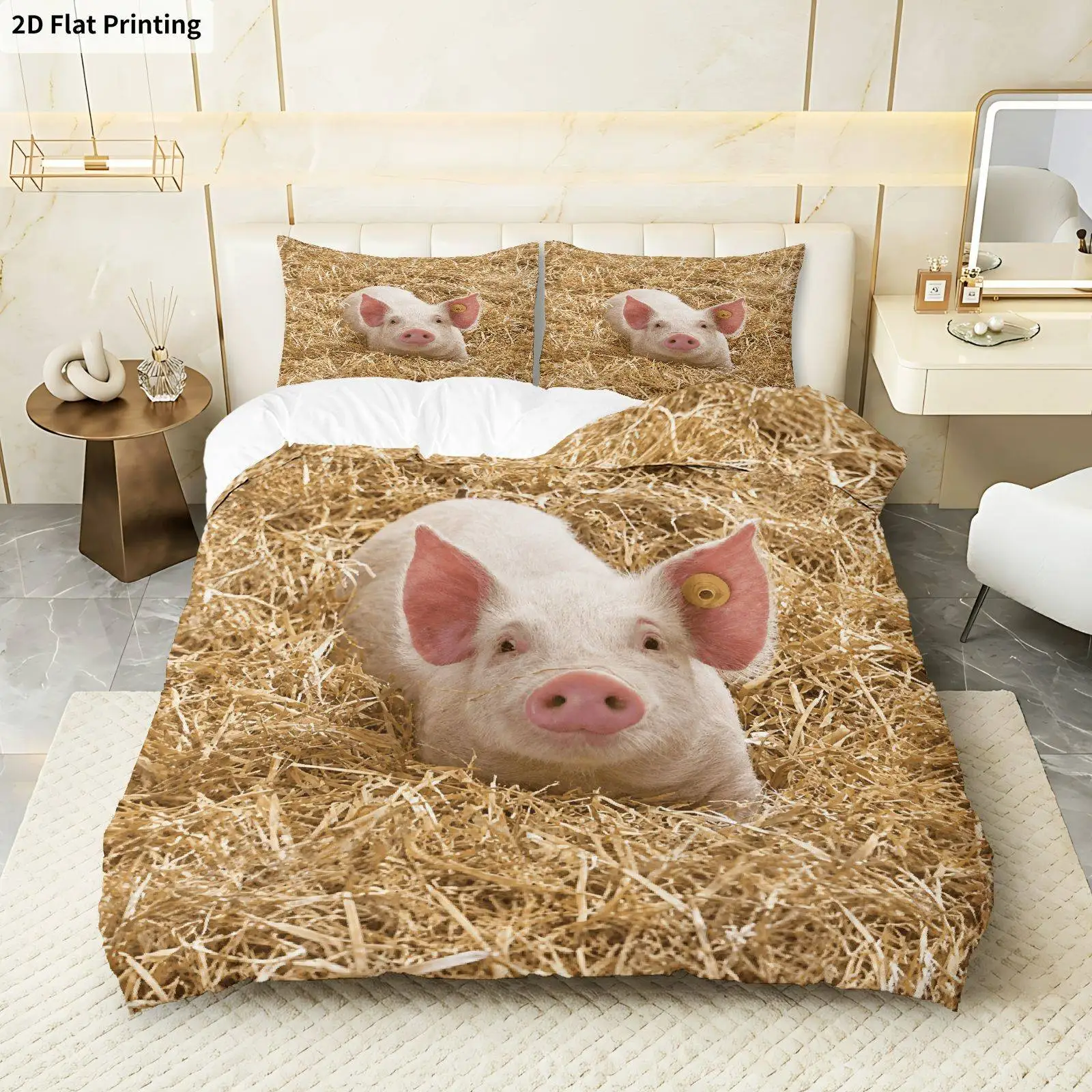 Kids Pig Duvet Cover Lovely Cartoon Piggy Comforter Cover Kawaii Farm Animal Quilt Cover Rustic Country Plant Floral Bedding Set
