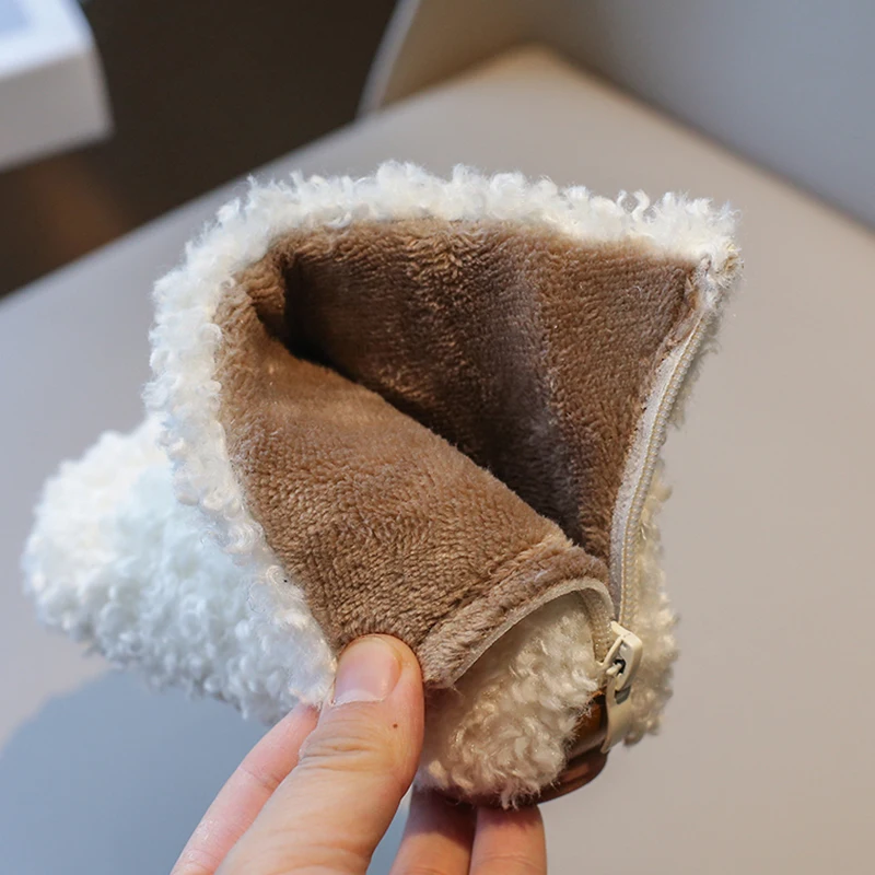 Cute Animal Patchwork Lambswool Boots For Kids Winter Thick Curly Fur Warm Booties Boys Girls Outdoor Round Toe Cotton Shoes