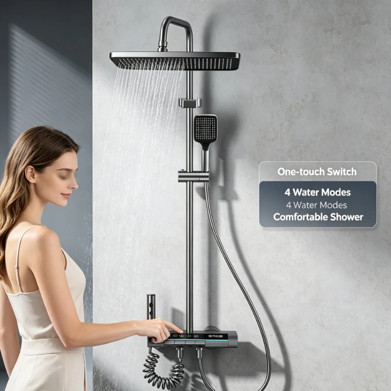 Thermostatic Shower System With Digital Display And Four Function Outlet For Bathroom Renovation