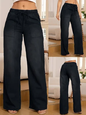 

Женские джинсы, свободные широкие брюки с высокой талией, повседневные универсальные свободные модные черные всесезонные джинсовые брюки, женские джинсы и одежда