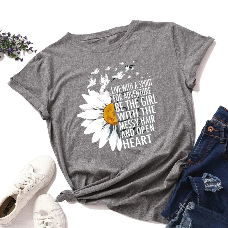 JFUNCY 2024 Summer Women T-shirts Chrysanthemum Inspirational Letter Print Female Short Sleeve Cotton T Shirt Woman Tee Tops