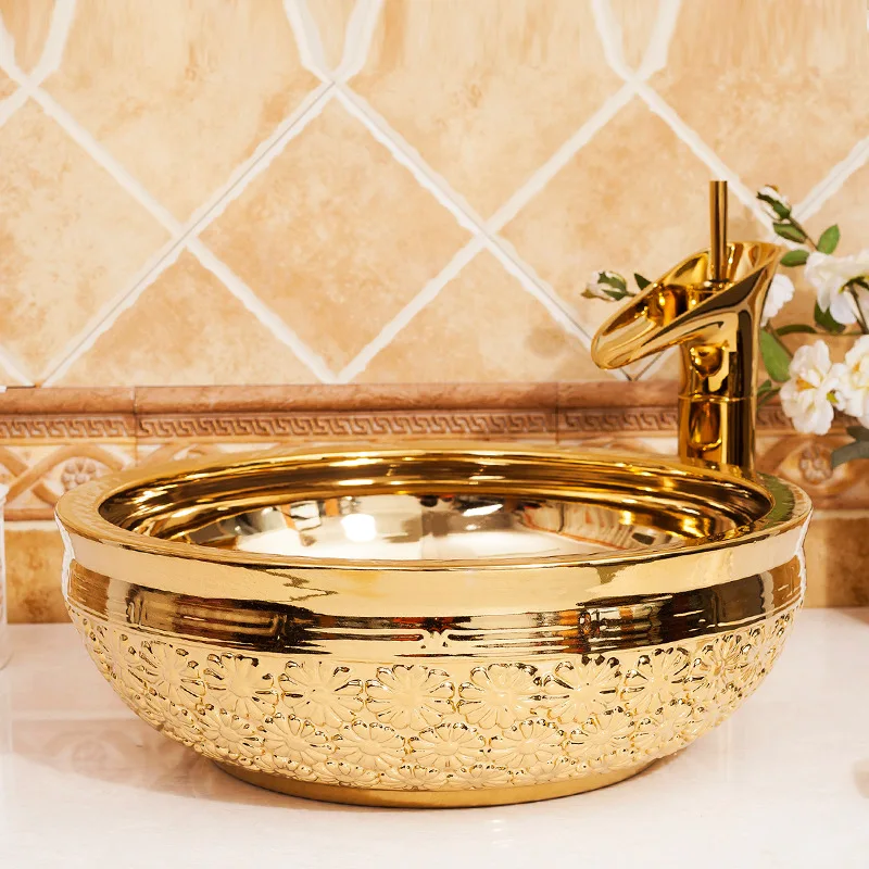 Jingdezhen ceramic table basin art basin engraved golden hand washbasin