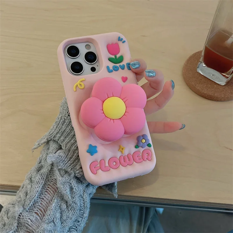 

Pink flower Silicone Protection Cover For iphone 17 16 15 14 i11 12 13 Pro XS Max X XR 8p 7 Plus Cute Patterns fold bracket girl