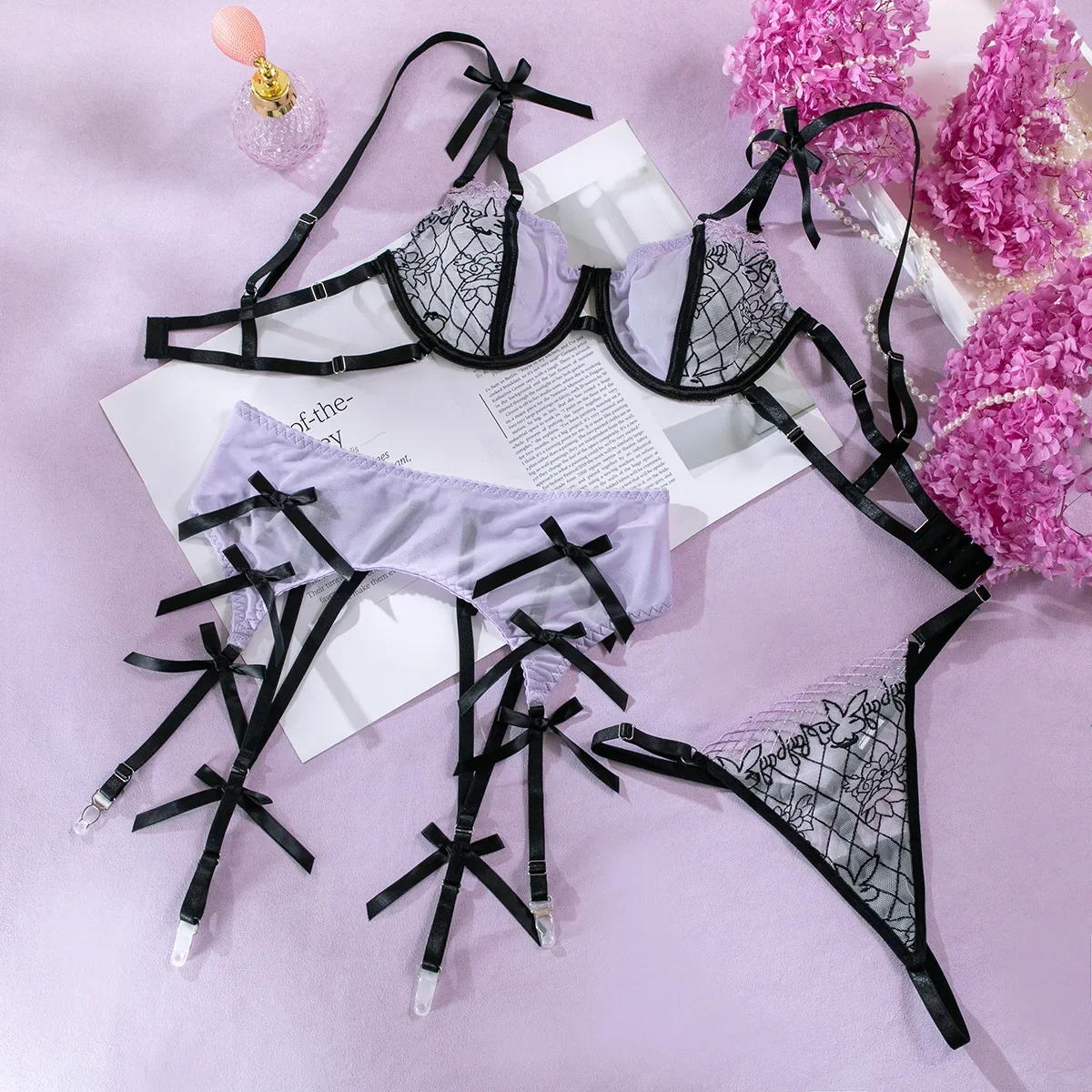 Women Sexy Lingerie Set Mesh Embroidered Splicing Butterfly Transparent Bra and Panties with Garter Three Piece Sets Underwear