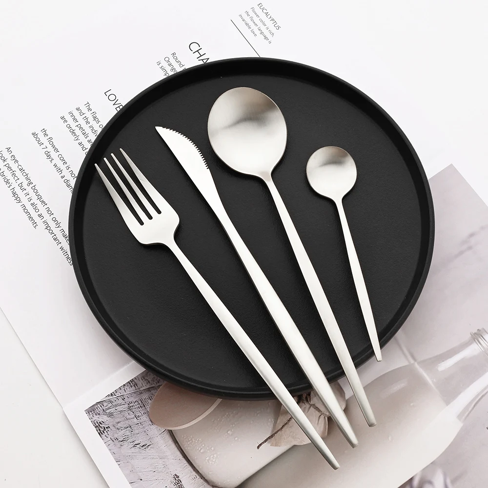 48Pcs Matte Gold Tableware Sets Stainless Steel Cutlery Knife Tea Coffee Spoon Flatware Dinner Kitchen Dinnerware