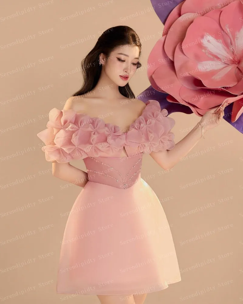 Vestido corto de satén y gasa con volantes y espalda abierta, vestido de cóctel elegante sin hombros, color rosa claro, para cumpleaños