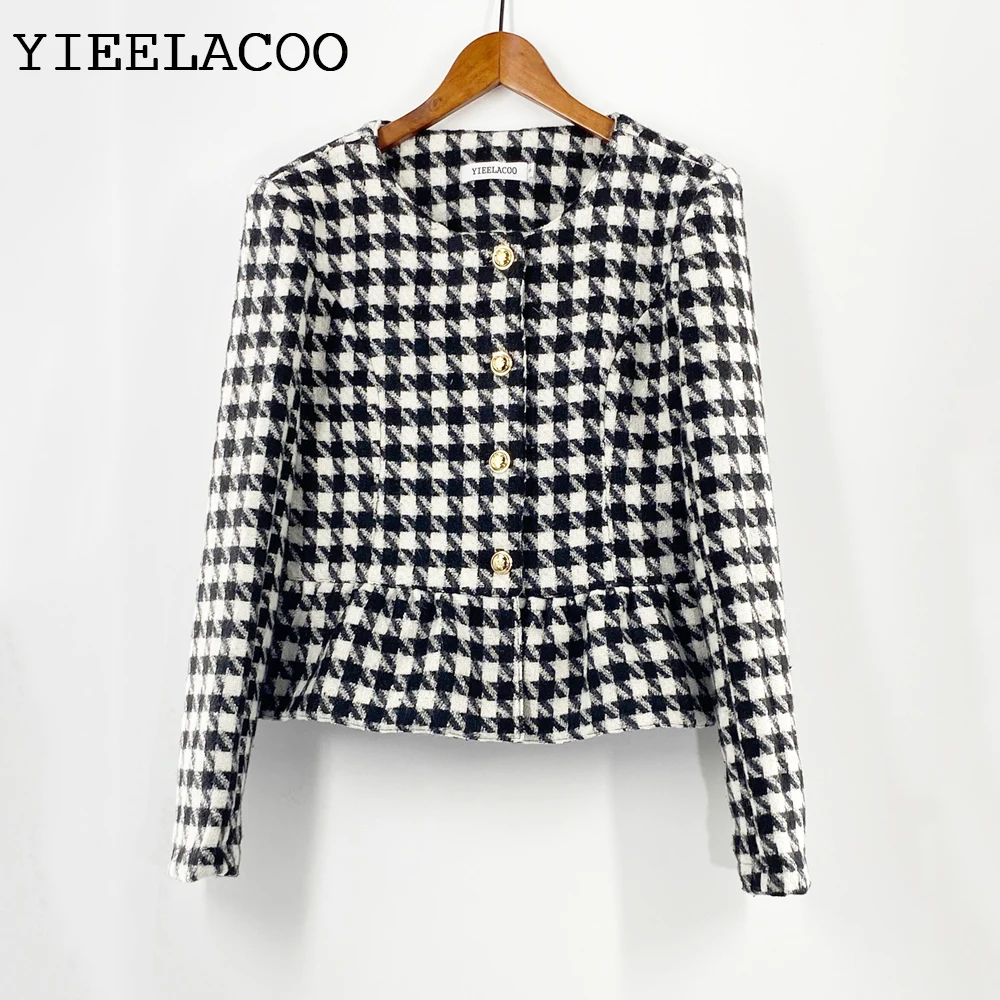 

black and white checked jacket tweed female temperament spring / autumn / winter Classic Coat