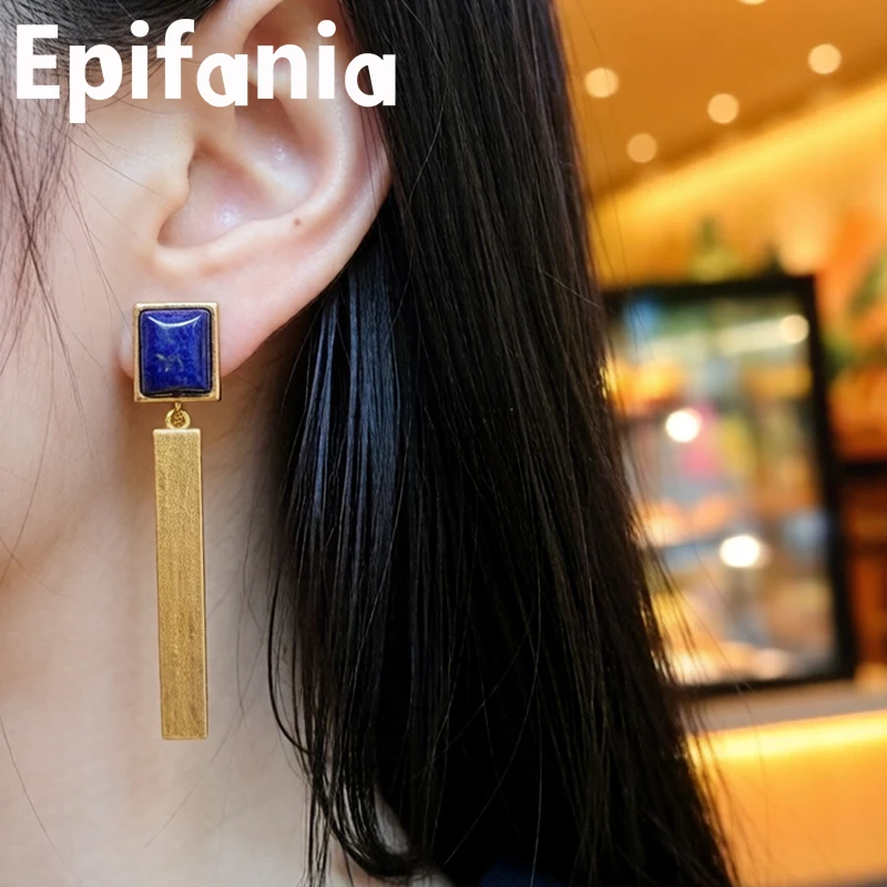 

Epifania S925 Silver Gold Plated Earrings Natural Lapis Lazuli Square Drop Earrings Women Fashion Jewelry
