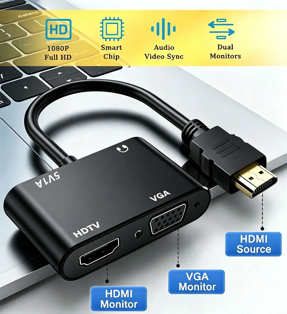 2-in-1 HDMI-zu-HDMI/VGA-Adapter-Splitter 1080P mit 3,5-mm-Audio-Konverter für Computer, Desktop, Laptop, PC, Monitor, Projektor, HDTV