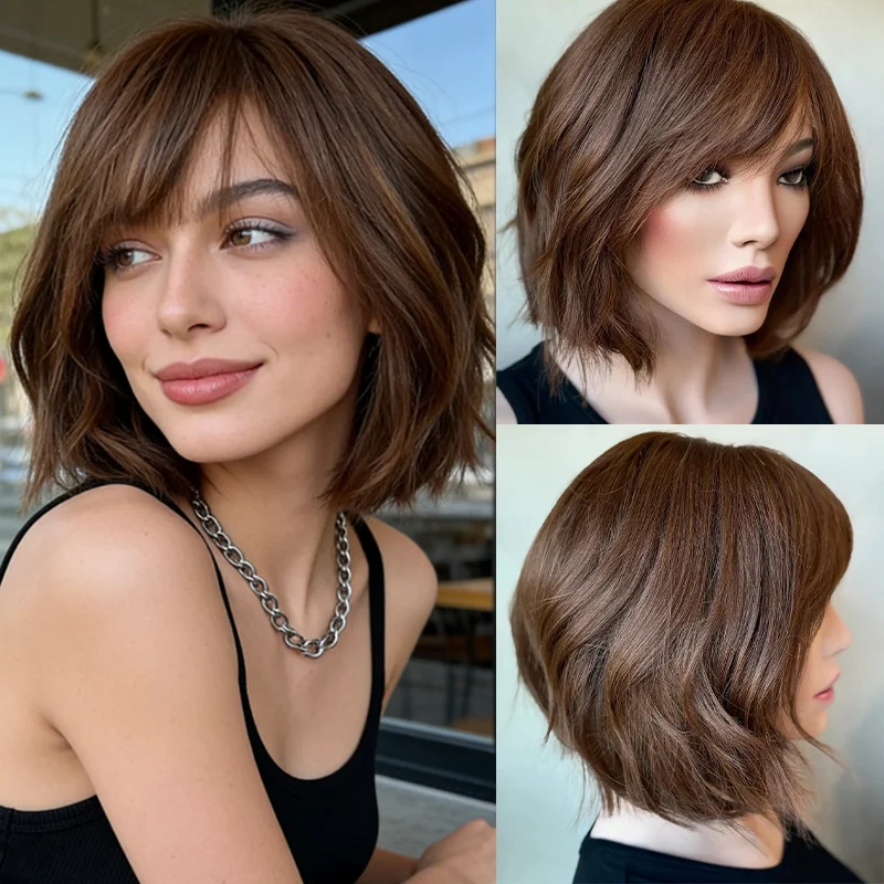 Medium Brown Lace Front Wigs Soft Synthetic Hair 13x4 HD Glueless Short Bob Pixie Cut Mix 5% Human Hair Wigs Futura High Quality