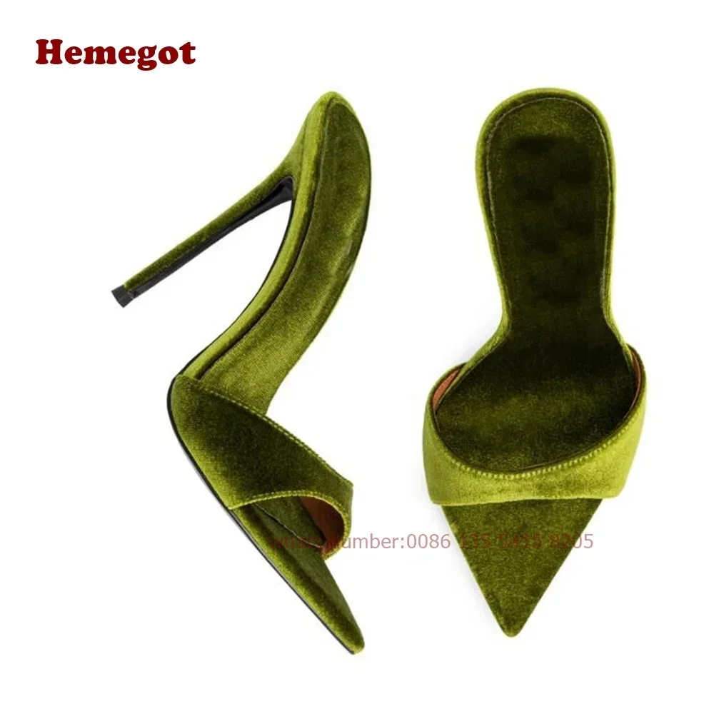 

Suede Olive Velvet Mules Pointy Toe Stiletto High Heels Women's Slippers Solid Glossy 2026 Summer Runway Party Shoes Luxury