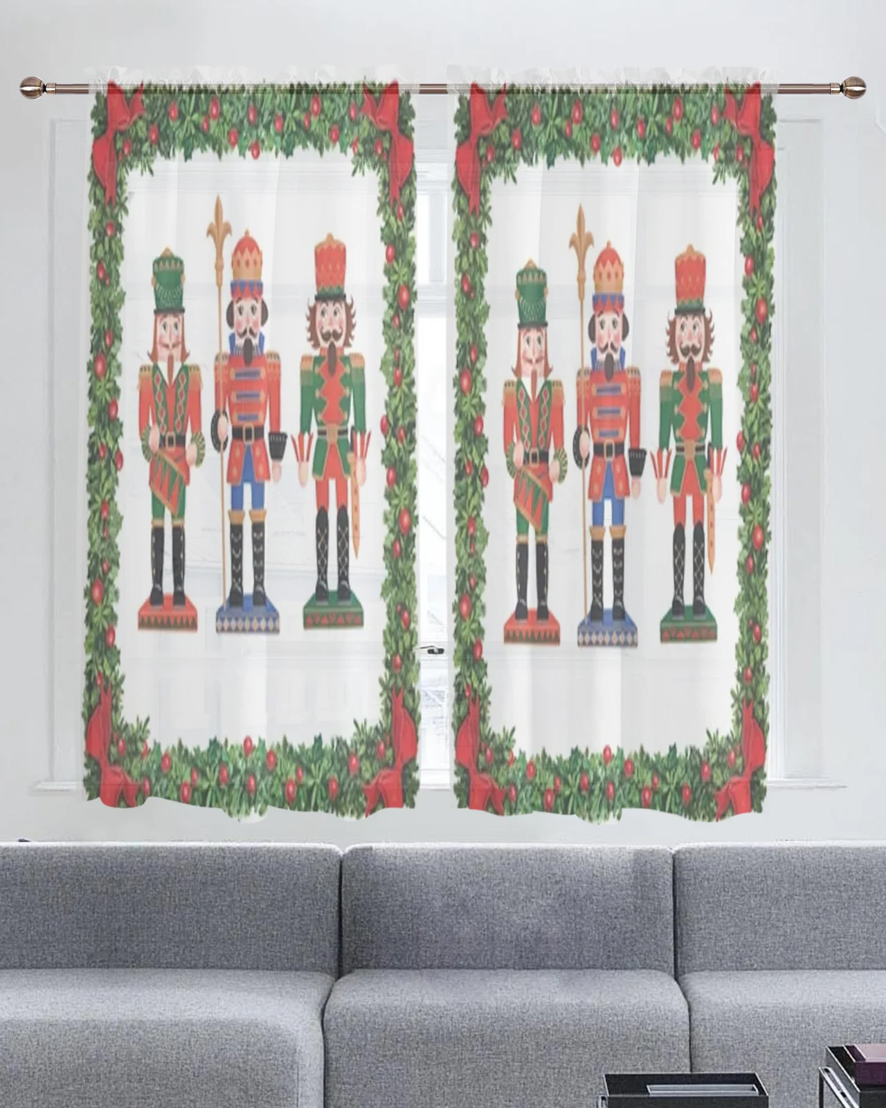 Nutcracker With Leaves Balls And Bows Short Sheer Curtains For Living Room Bedroom Kitchen Tulle Curtains For Window Treatments