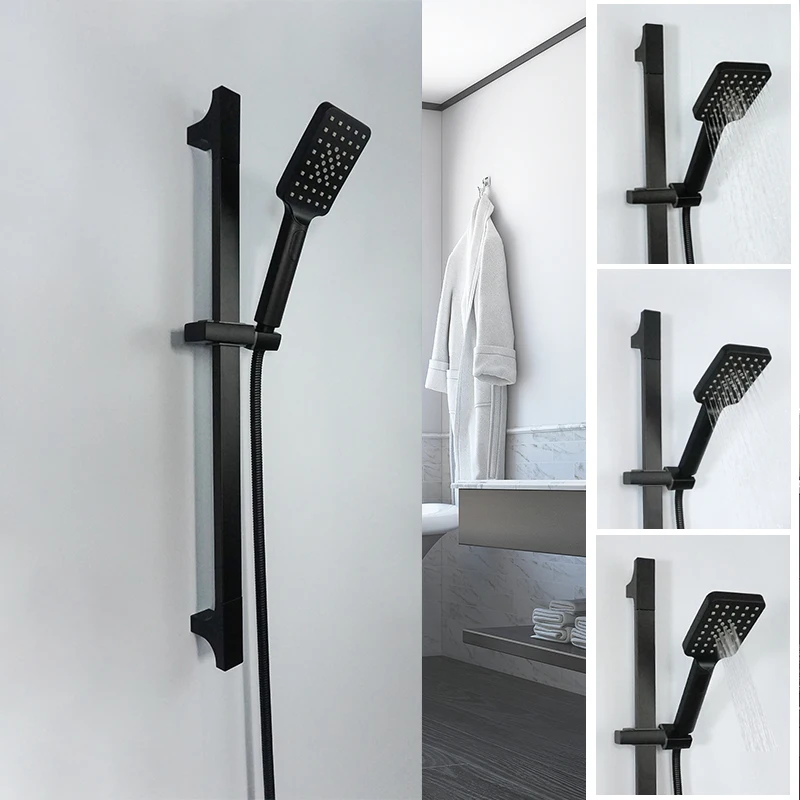 Black Shower Slider Wall Mounted Shower Rod Adjustable Rail Set 3 Functions Shower 1.5M Hose Simple Style