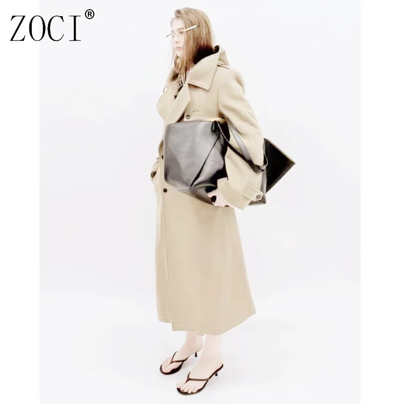 

ZOCI Women's Elegant Long Trench Coat With Hooded Lapel Collar And Belted Waist Double Breasted Solid Color Outerwear 2025 New