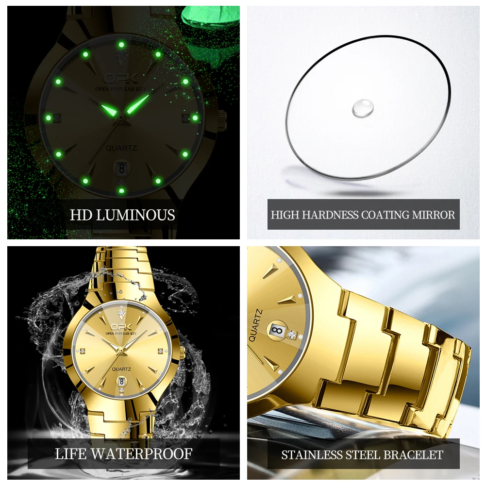 OPK Men's Quartz Watch Tungsten Steel Rhombus Mirror Waterproof Luminous Men's Watch Original All Gold Calendar Men's Watch