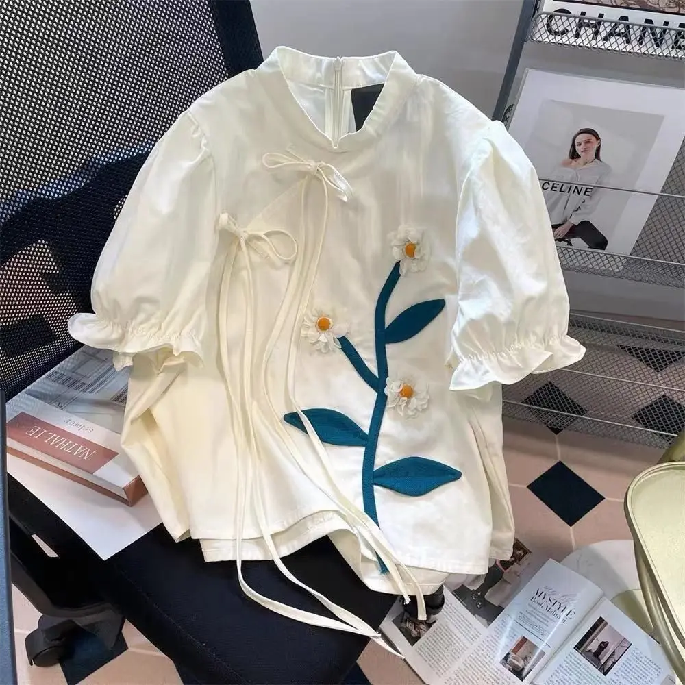 Oversized Bright Line Decoration Lively Cute Blouse Summer New Korean Buttons Girl Next Door Fashion Style Shirts Women Clothes