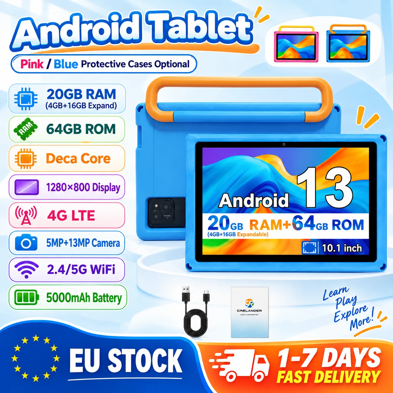 Tableta para Niños KOOMDIGI de 10.1 Pulgadas con Android 13, 20GB de RAM (4GB+16GB Expandibles), 64GB de ROM, Deca Core, Red Celular 4G
