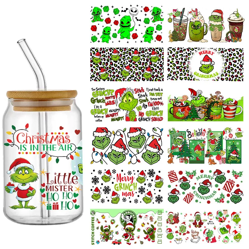 Miniso Christmas Monsters UV DTF Cup Wraps Transfer Sticker For 16OZ Glass Libbey Can Bottle Selfadhesive Washable DIY Custom