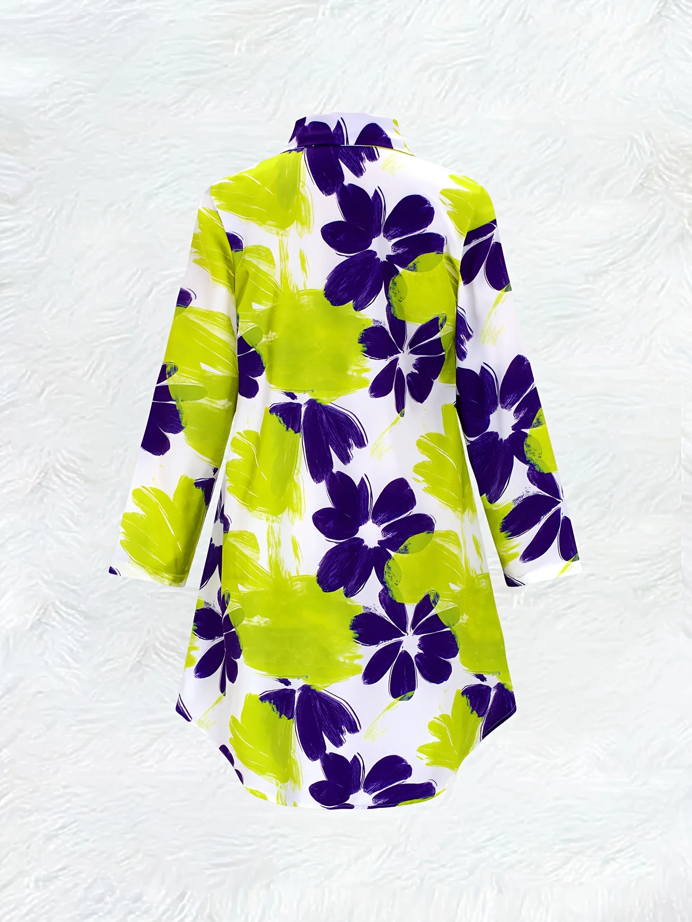 Women Green Leaf Purple Floral Lapel Long Sleeve Shirt Dress Boho Beach Vacation Casual Mini Dress