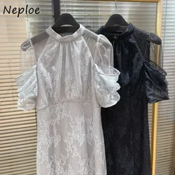 Neploe Temperament Stand Collar Lantern Sleeve Lace Dress All-match Off Shoulder Voile Robe Japan Mid-length Jacquard Vestidos