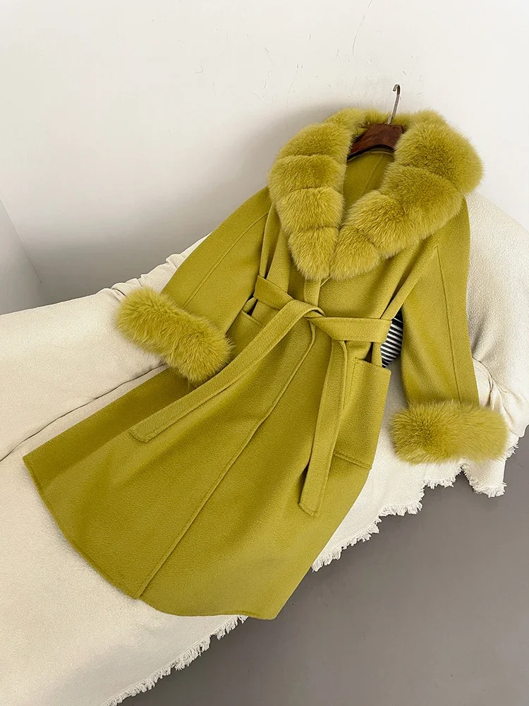 2025 inverno feminino real pele de raposa lã mistura casaco elegante jaqueta ondulações de água x-long solto turn-down colarinho outerwear
