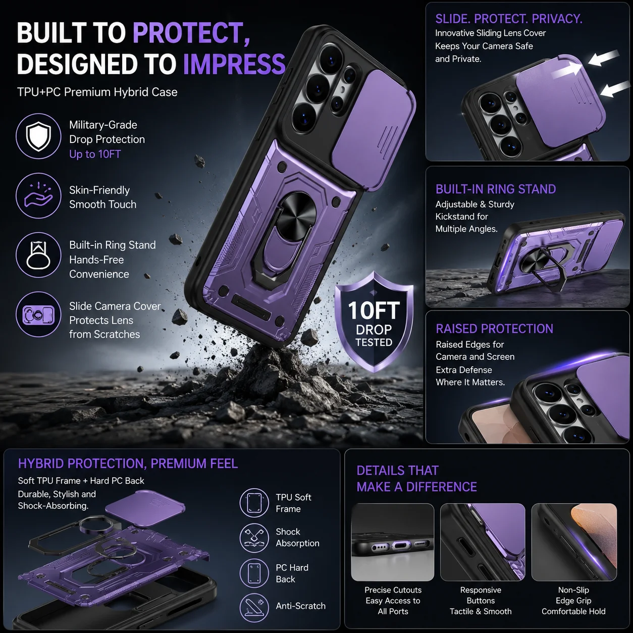 Shockproof TPU PC Armor Phone Case with Sliding Camera Cover Ring Stand for Samsung Galaxy S26 S26 Plus S26 Ultra A26 A56 A37A57